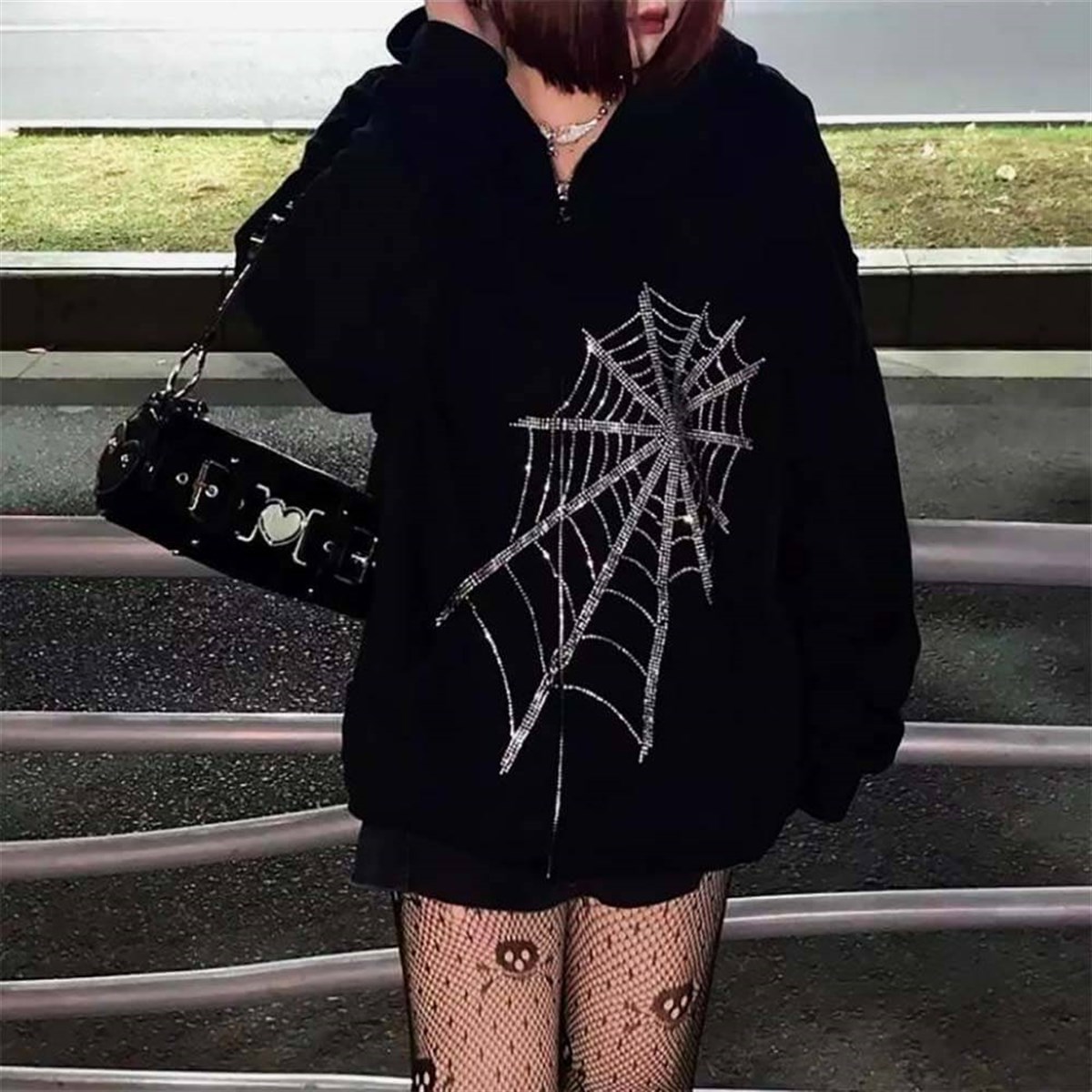 Touz Rhinestone Spider Web Gotik (Unisex) Kapşonlu