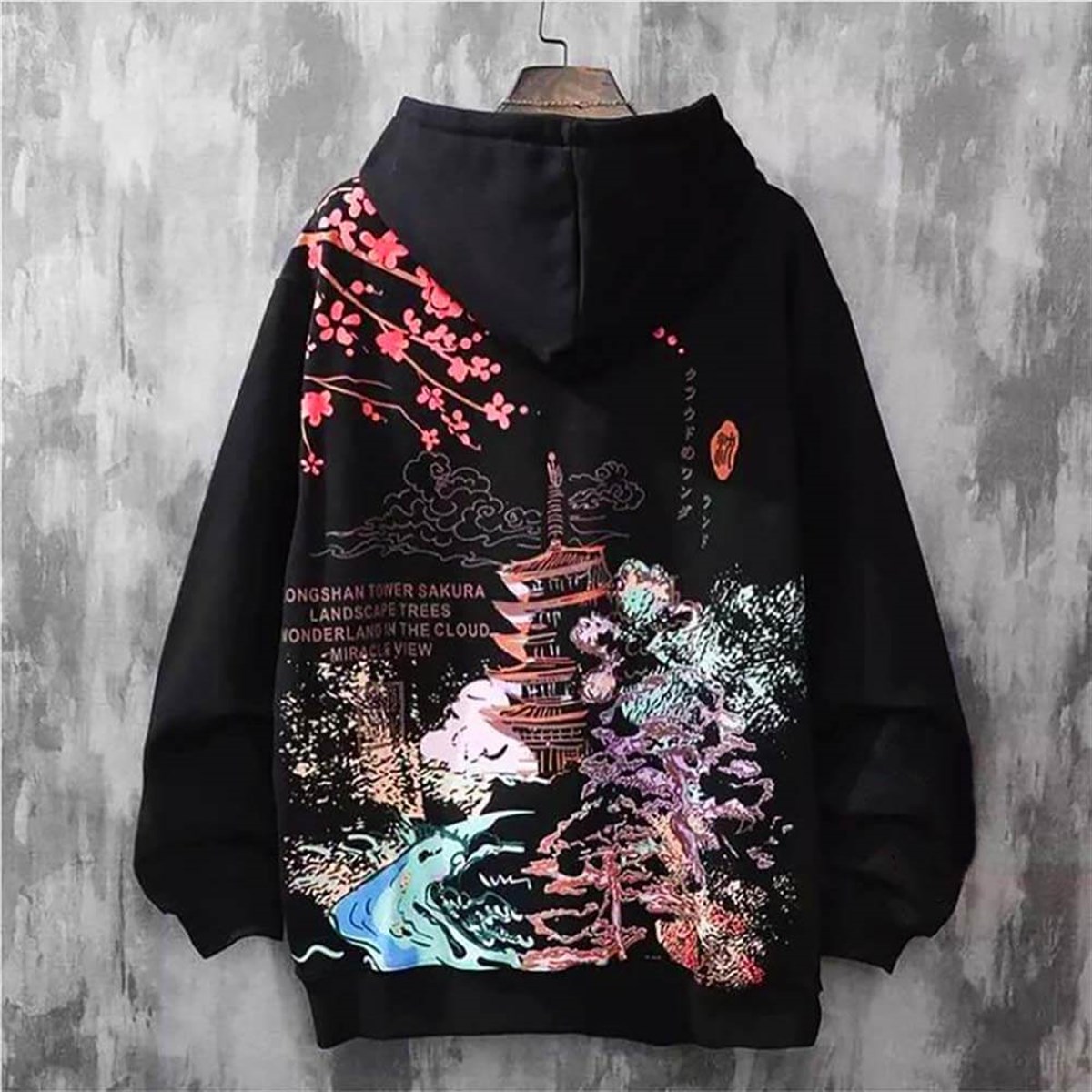 Touz Siyah Harajuku Kanji Wonderland (Unisex) Kapşonlu