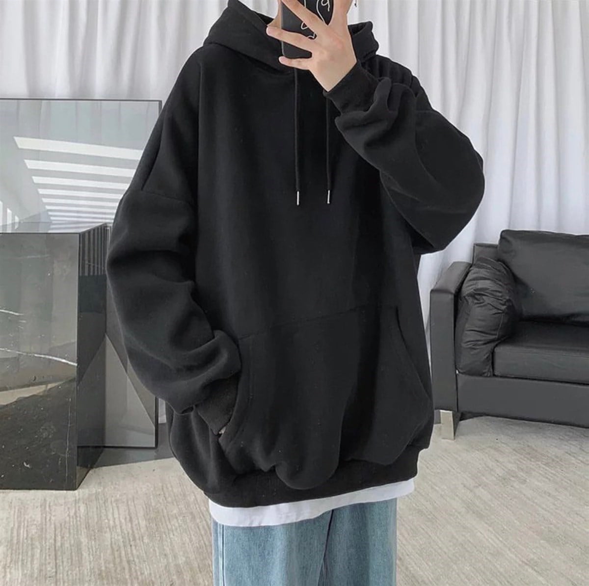 Touz Siyah Kapşunlu Oversize Unisex Hoodie