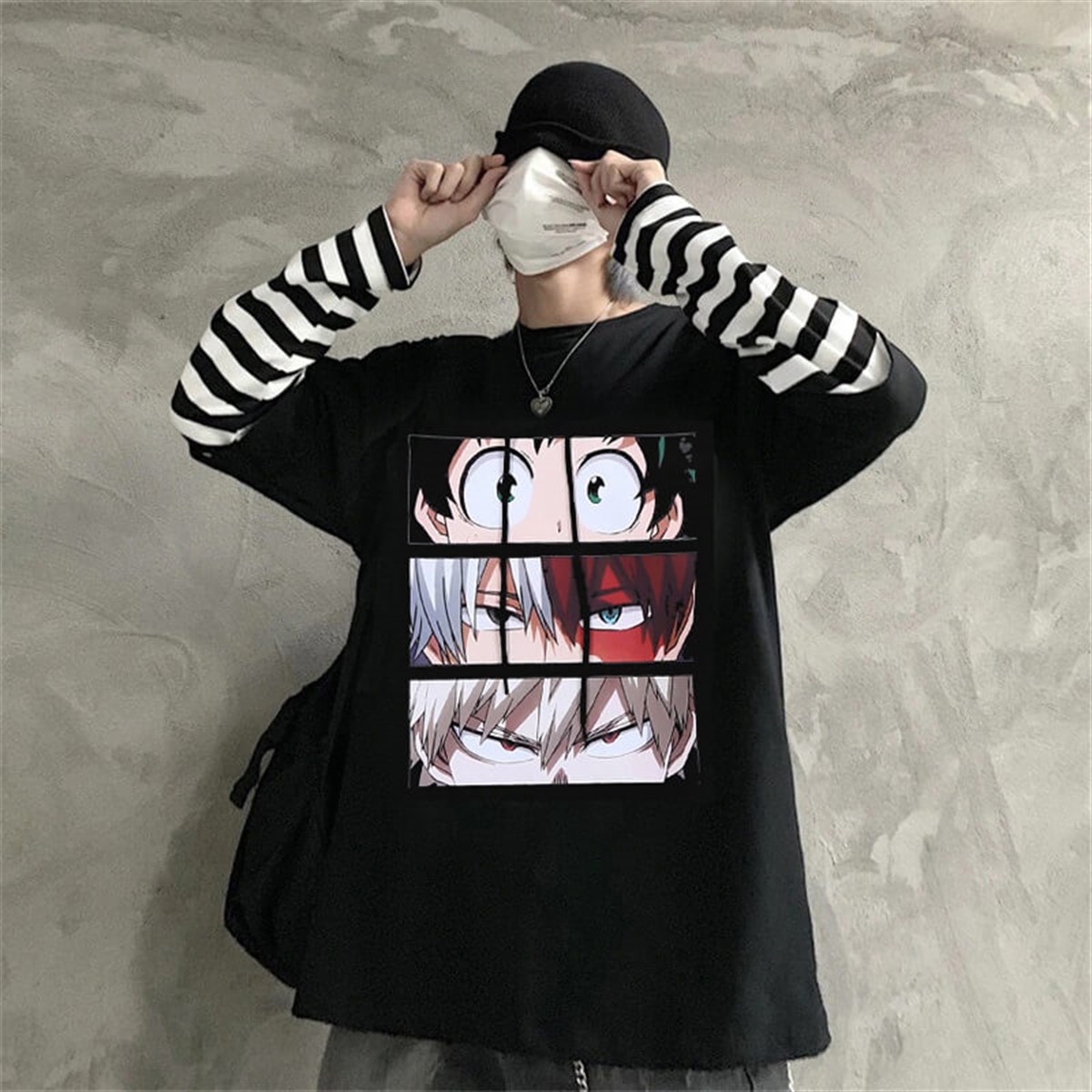 Touz Siyah My Hero Academia - Mix Eyes Unisex Çizgili Kollu T-shirt