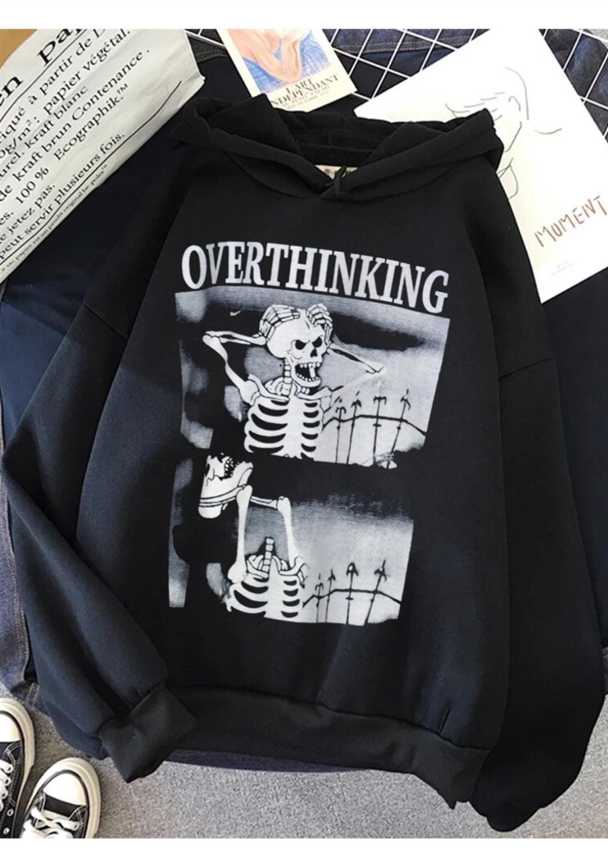 Touz Siyah Overthinking Skeleton Unisex Hoodie