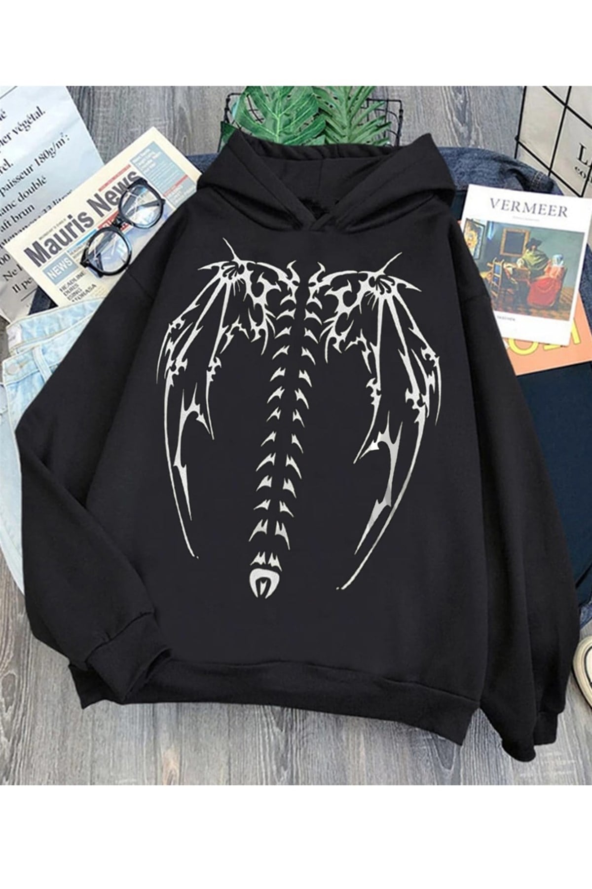 Touz Siyah Skeleton Unisex Hoodie