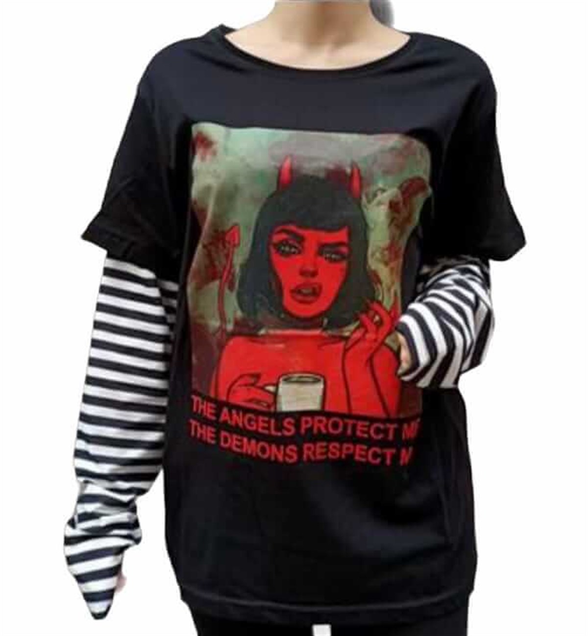 Touz The Angels Protect Me, The Demons Respect Me Unisex Siyah Beyaz Çizgili Kollu Sweatshirt