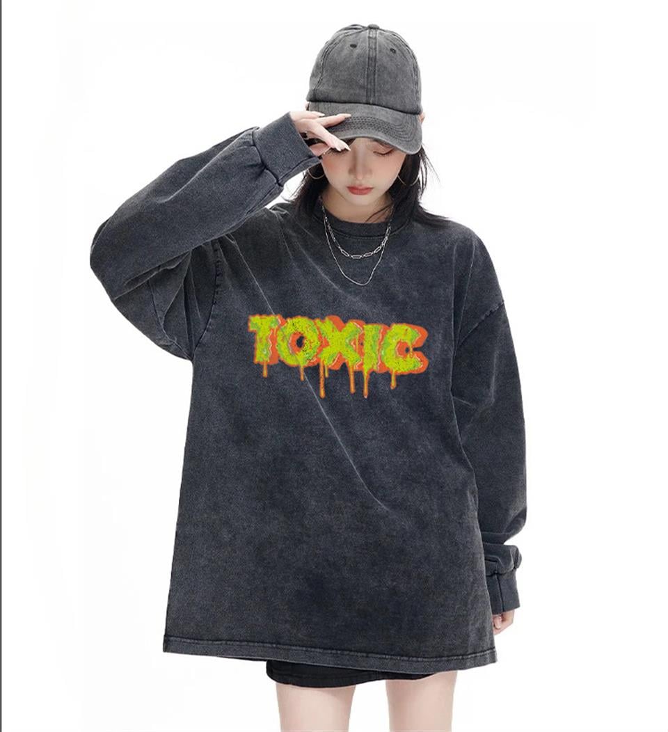 Toxic Baskılı Yıkamalı Vintage Unisex Oversize Bisiklet Yaka Sweatshirt