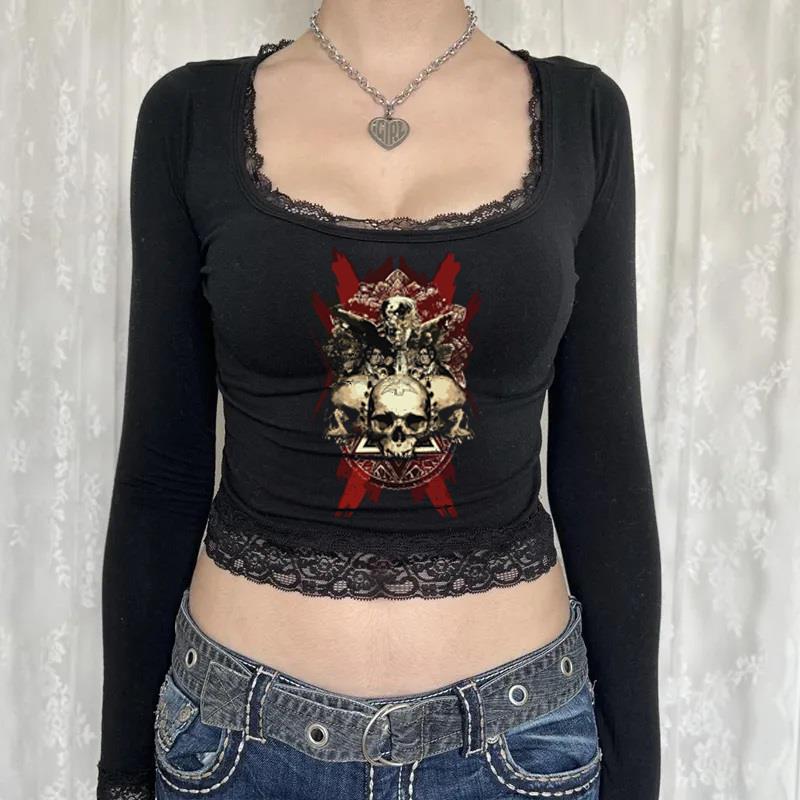 Triple Bloody Skulls Baskılı Dantel Lace Siyah Uzun Kol Bluz