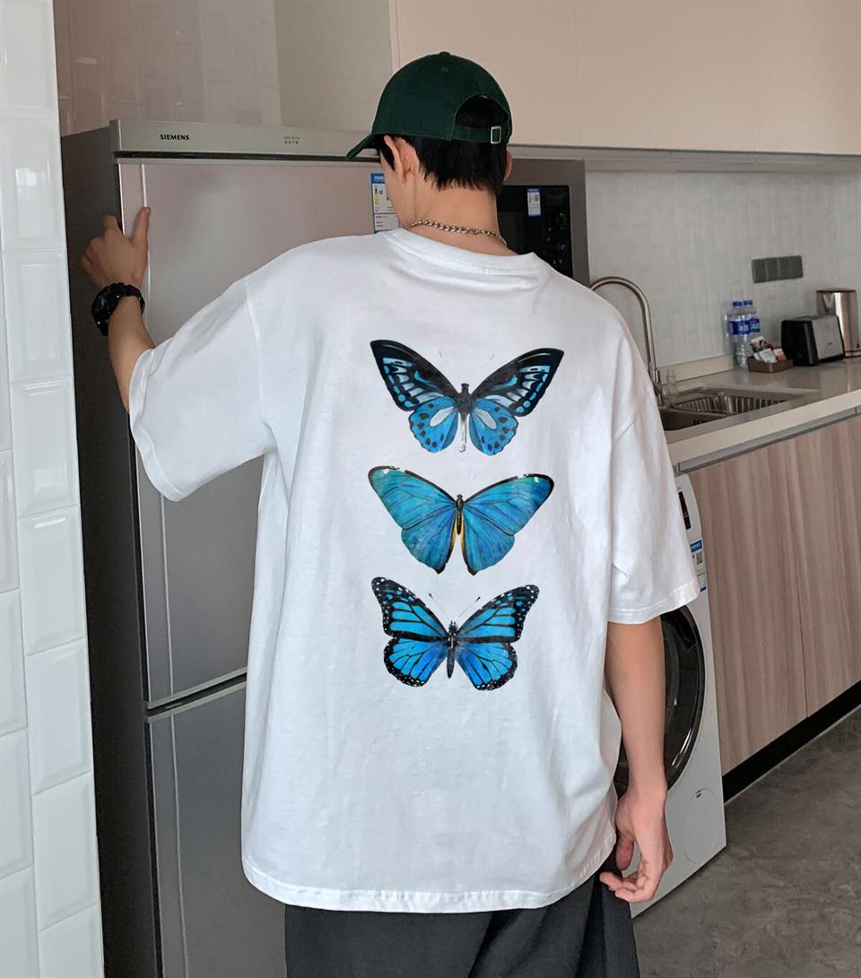 Triple Blue Butterfly Sırt Baskılı Beyaz Unisex Oversize T-shirt