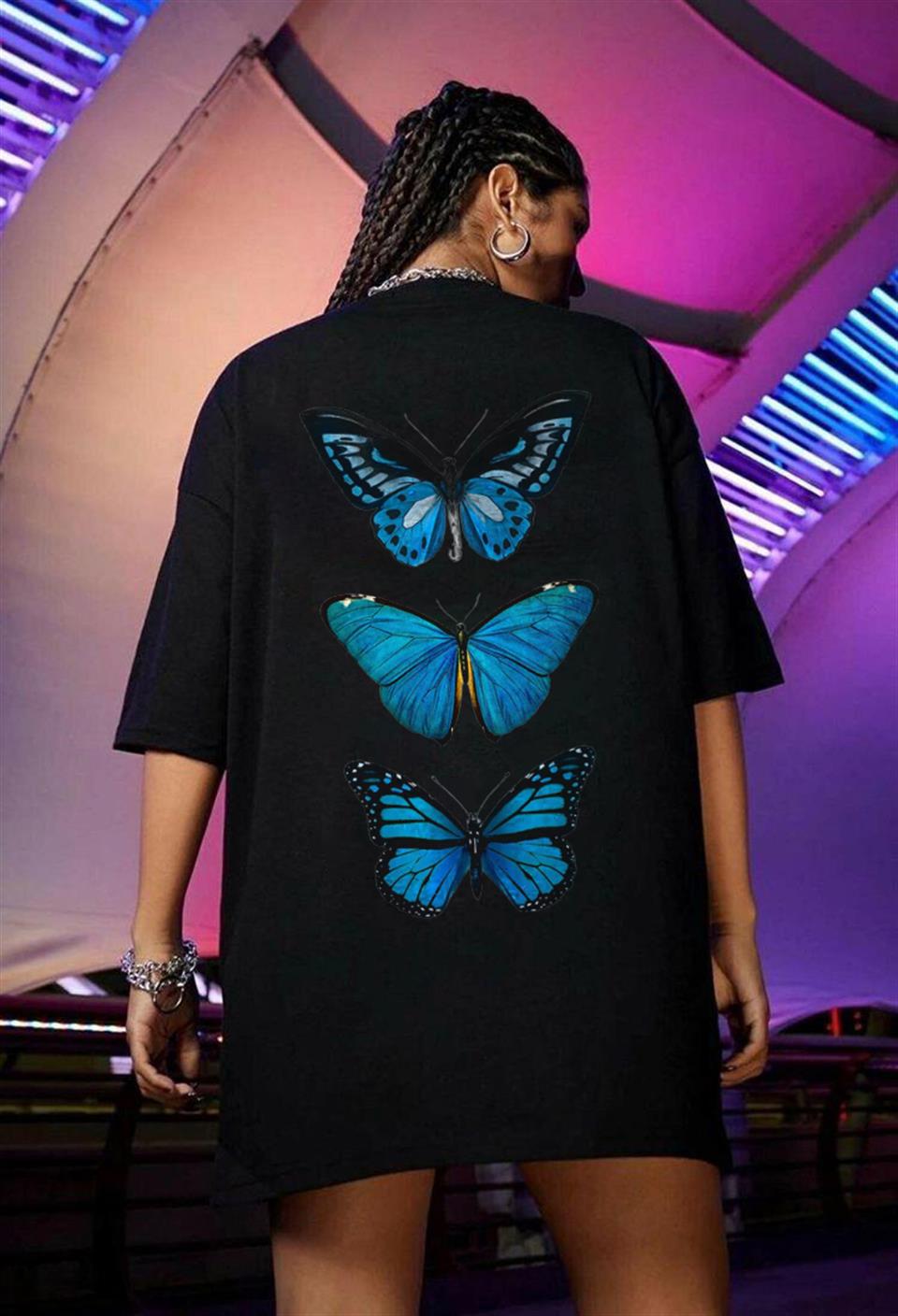 Triple Blue Butterfly Siyah Unisex Oversize T-shirt