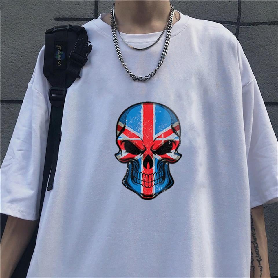 UK Flag Skull Baskılı Beyaz Unisex Oversize T-shirt