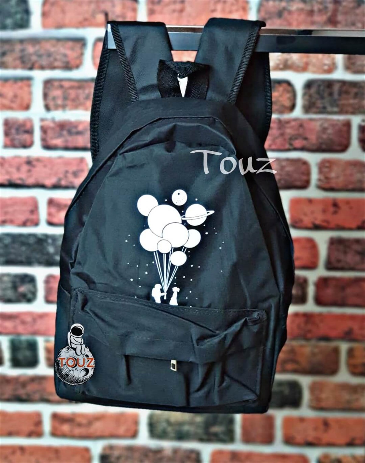 Unisex Siyah Balon Evren Baskılı Sırt Çantası