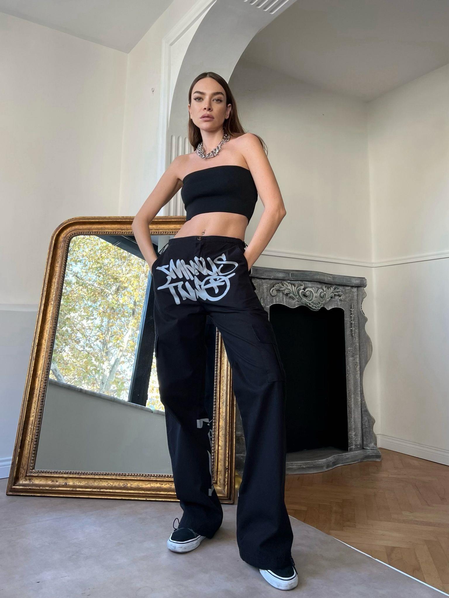Unisex Siyah Baskılı Baggy Jean