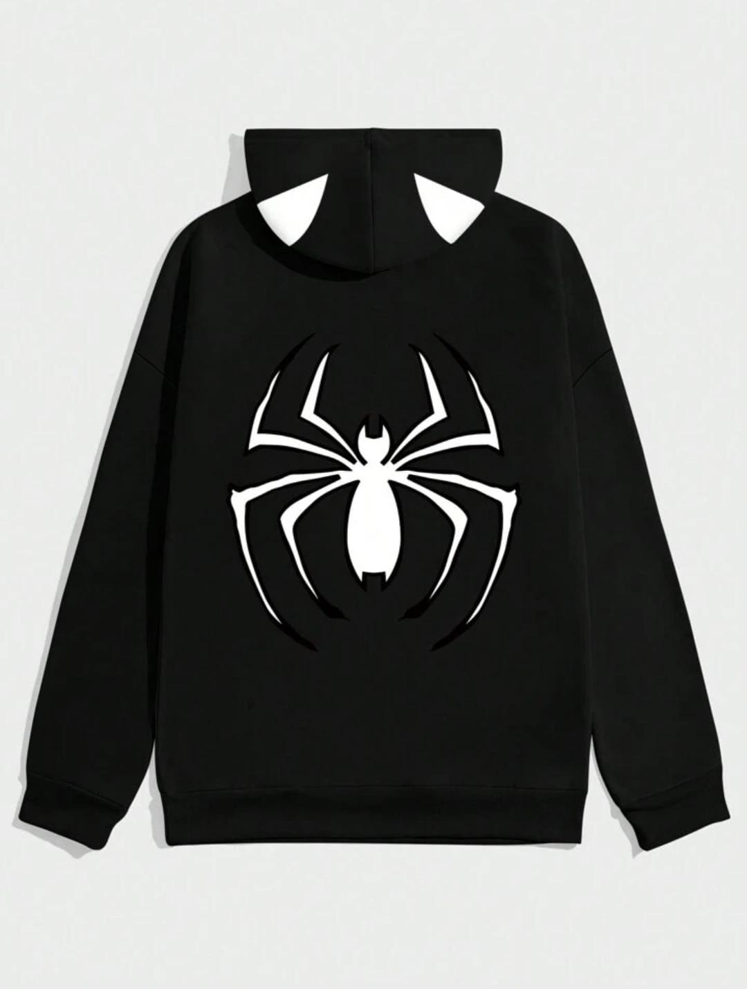 Unisex Spider Baskılı Kapşonlu Siyah Sweatshirt 