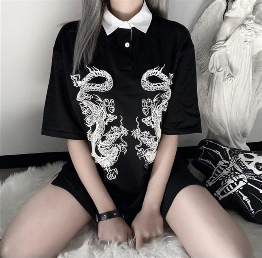 Unisex Touz Harajuku  Beyaz Dragon T shirt
