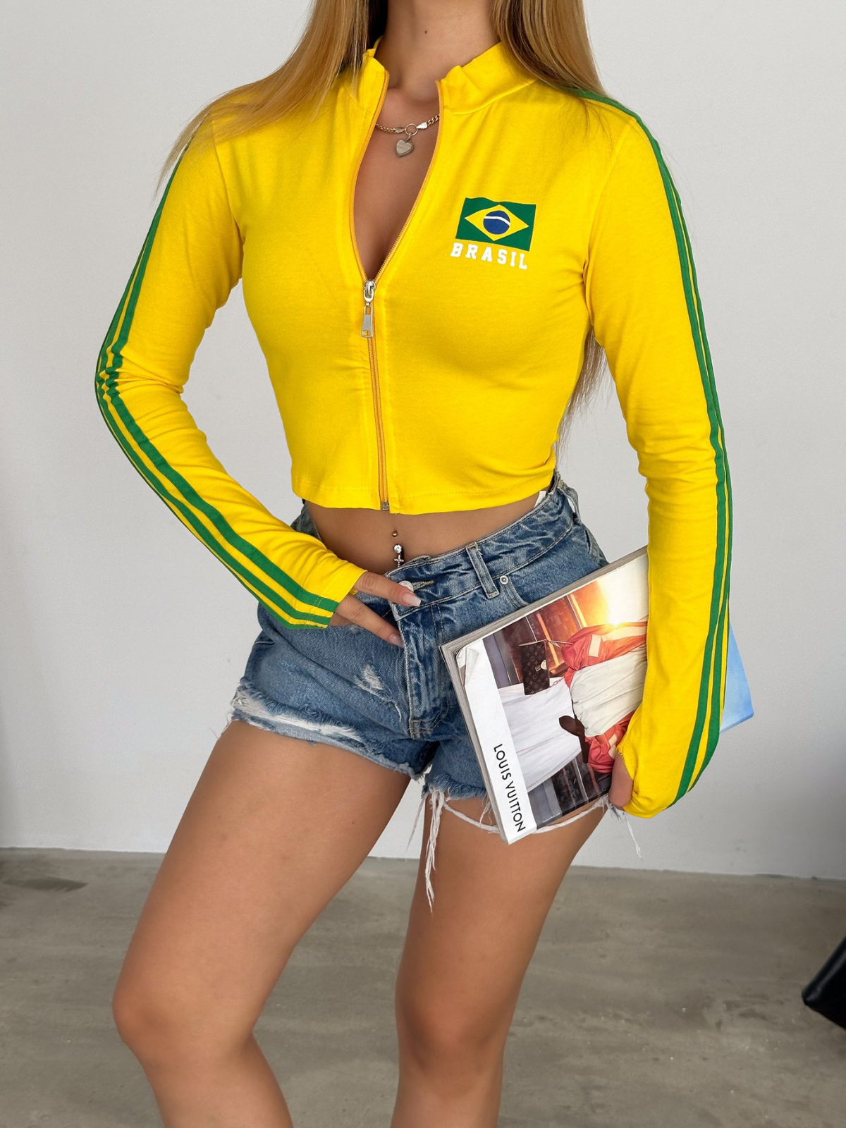 Uzun Kol Brazil Fermuarlı Sarı Bluz Body