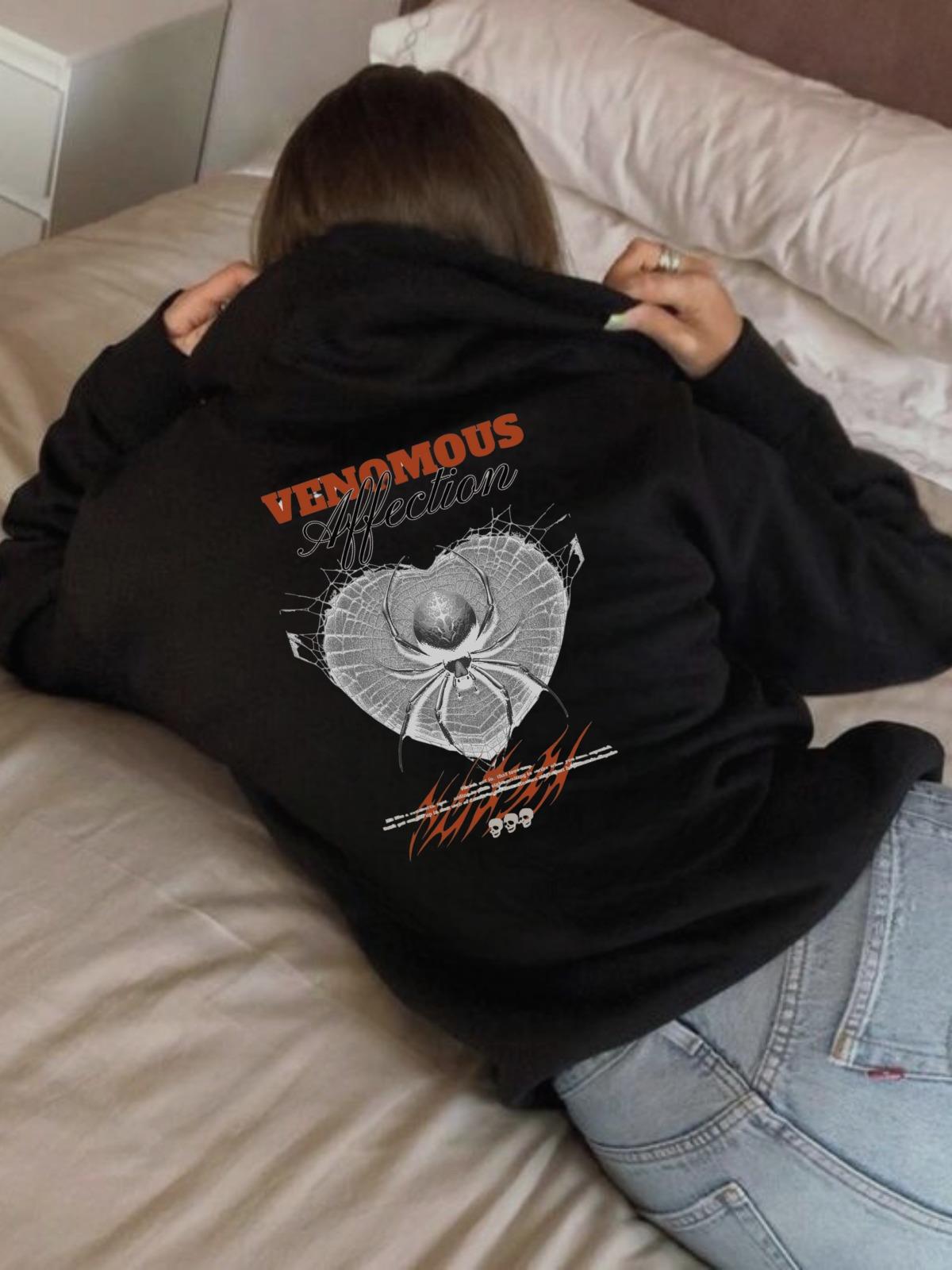 Venomous Baskılı Siyah Kapşonlu Sweatshirt 