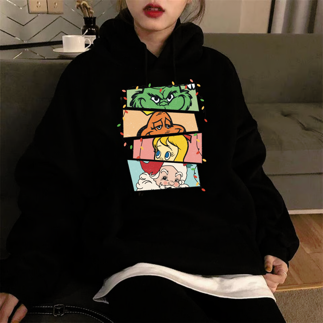 Vintage Noel Baskılı Siyah Unisex Oversize Kapüşonlu Sweatshirt