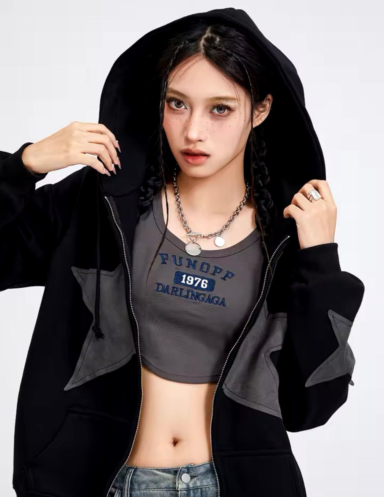 Vintage Star Zip Oversize Fermuarlı Unisex Kapüşonlu Hırka