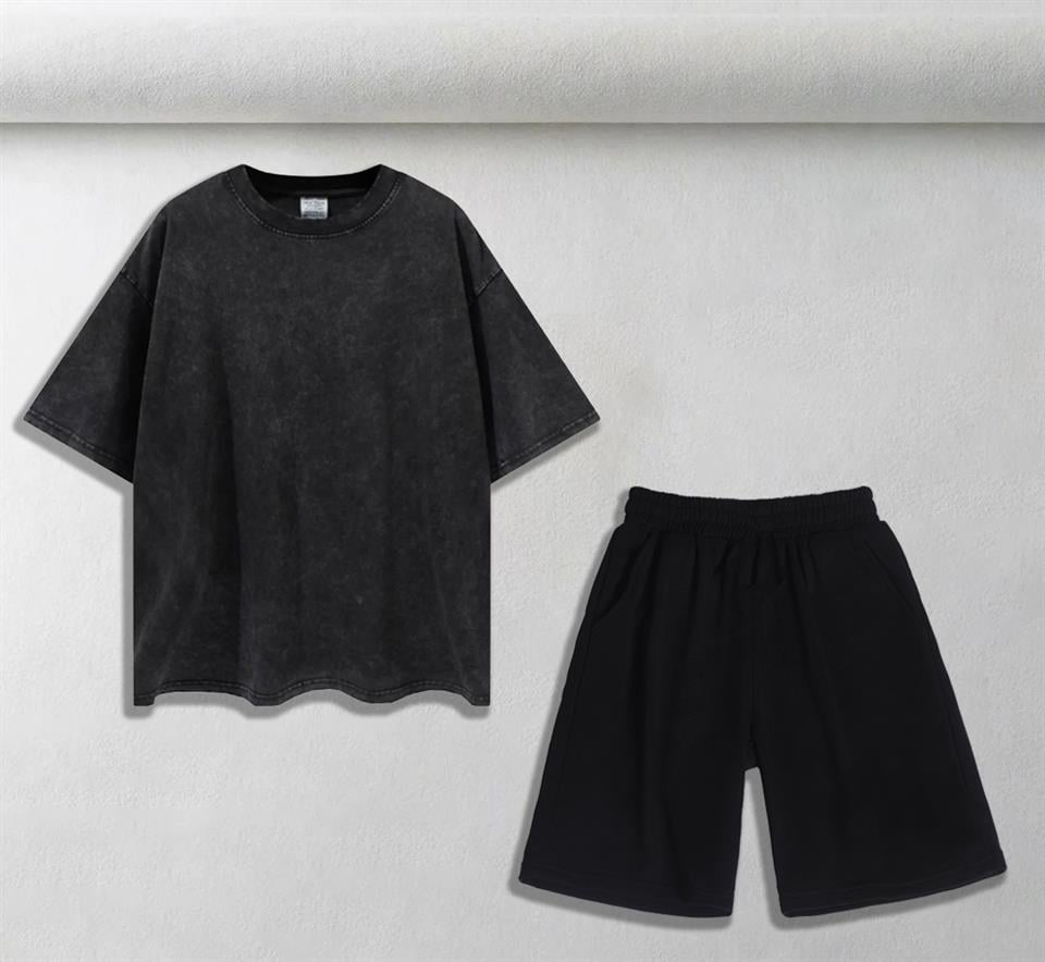 Vintage Yıkamalı T-shirt & Siyah Şort Unisex Oversize İkili Takım