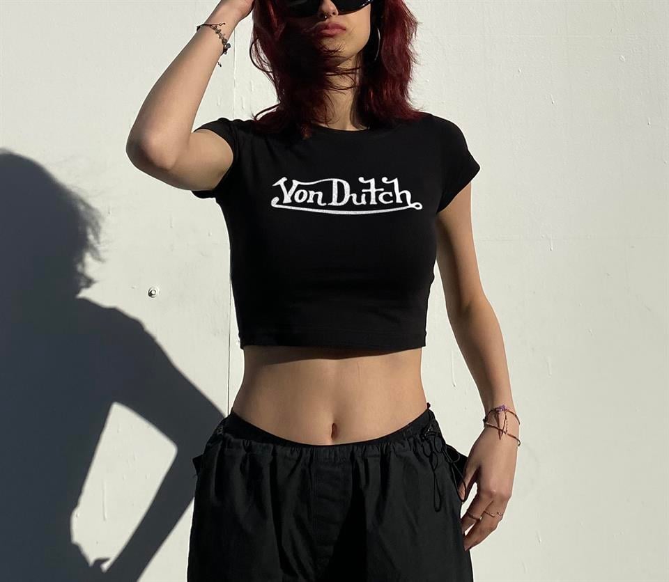 Von Dutch Baskılı Ters Dikiş Siyah Crop