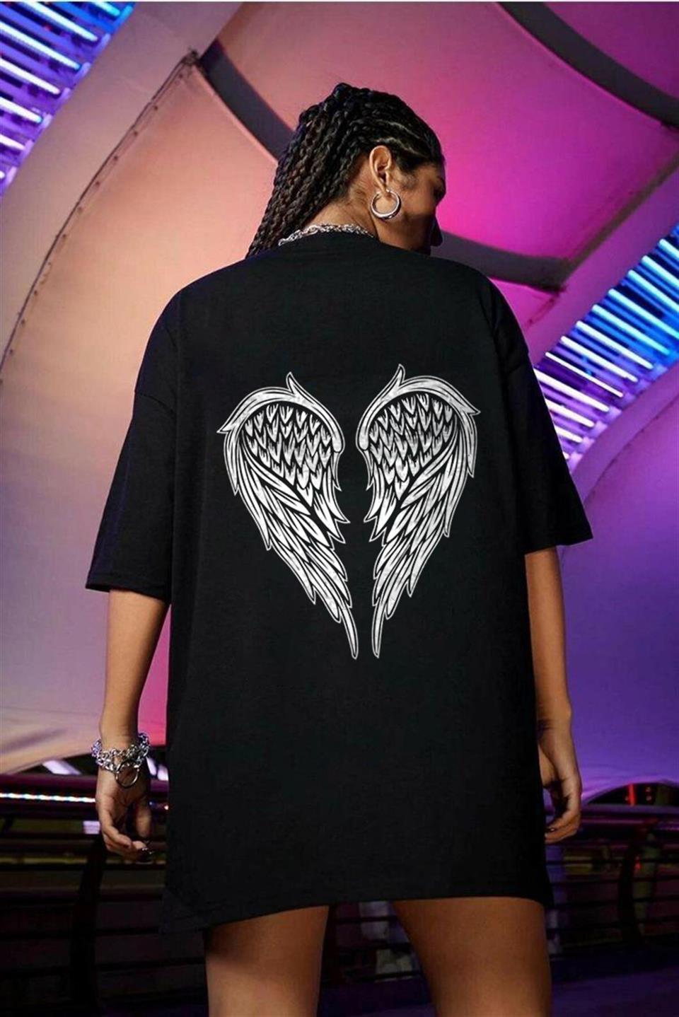 Wing Skeleton Sırt Baskılı Siyah Unisex Oversize T-shirt