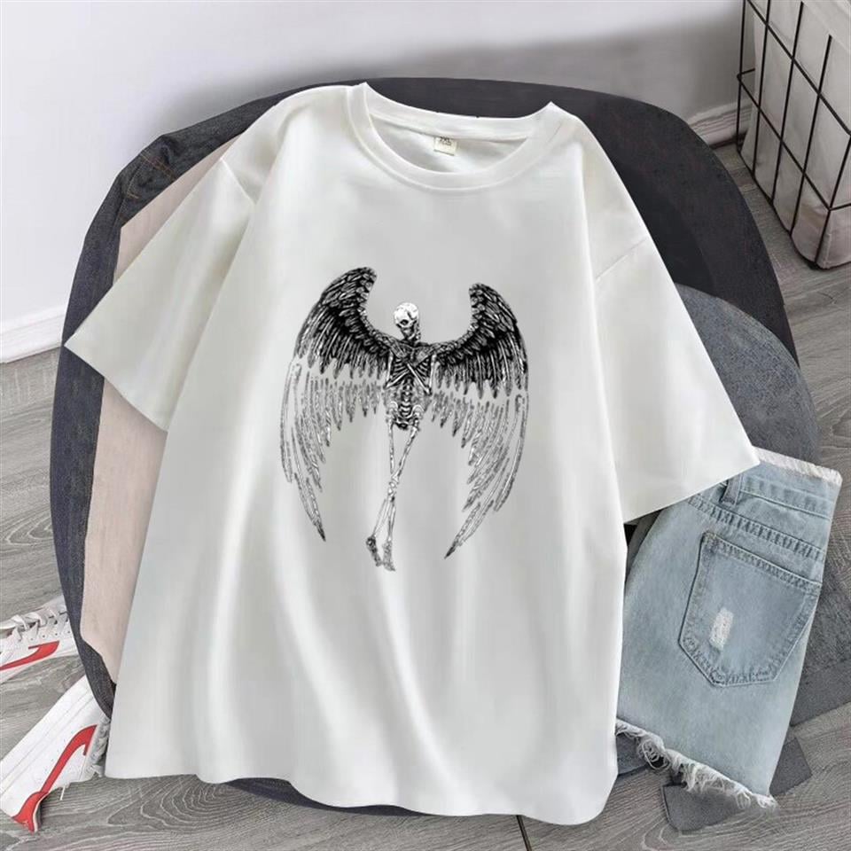 Winged Skeleton Baskılı Beyaz Unisex Oversize T-shirt
