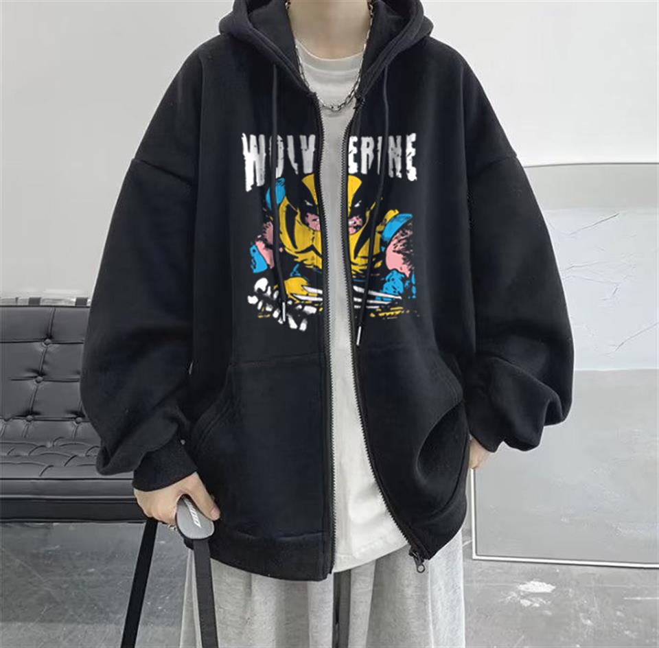 Wolverine Baskılı Oversize Fermuarlı Siyah Unisex Kapüşonlu Hırka