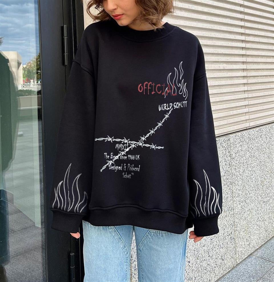 World Schott Baskılı Siyah Unisex Oversize Bisiklet Yaka Sweatshirt