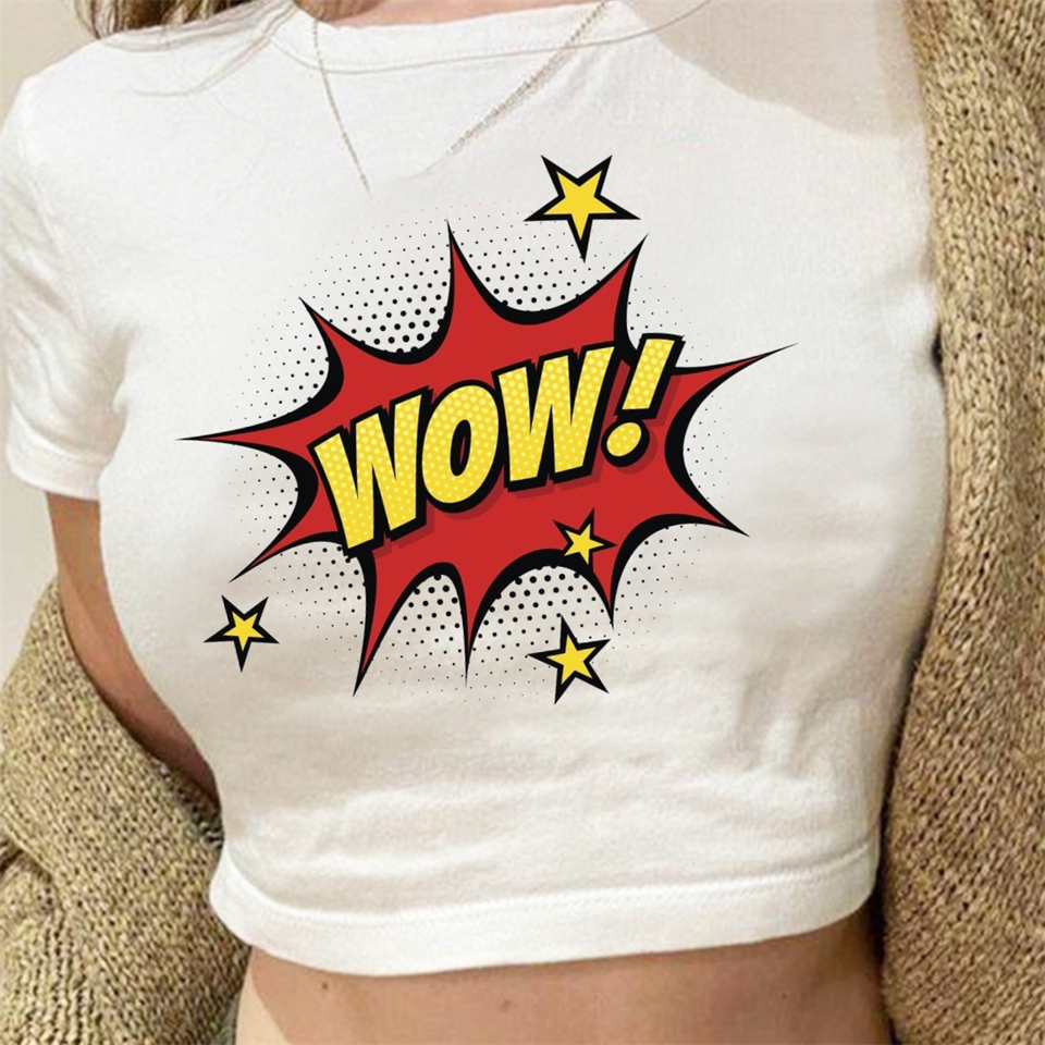 Wow Baskılı Beyaz Crop