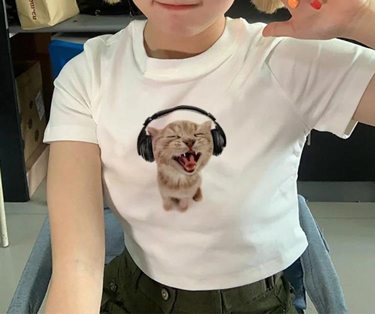 Y2k Beyaz Sevimli Kedi Crop 