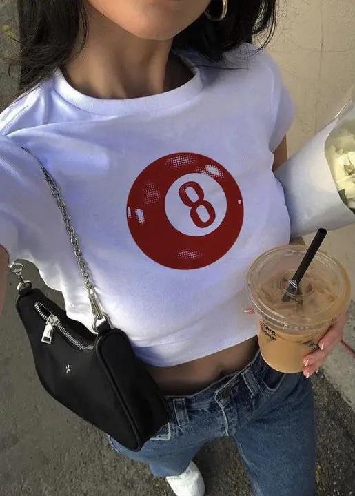 Y2k Eight Ball Beyaz Crop 