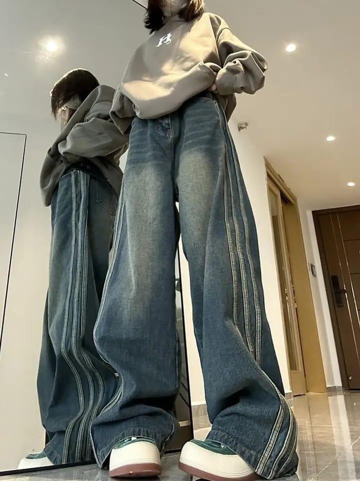 Y2K Newstyle Şeritli Vintage Wide Leg Jean Bol Paça Kot Pantolon