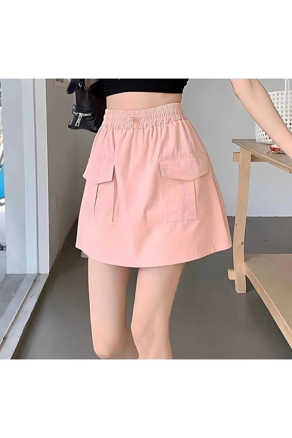 Y2K Paraşüt Kumaş Kargo Cep Detay Beli Lastikli Pembe Etek