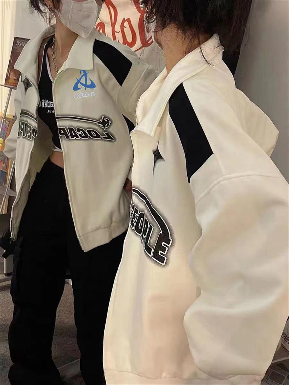 Y2K Streetwear Locapeople Baskılı Oversize Fermuarlı Beyaz Unisex Kapüşonlu Hırka
