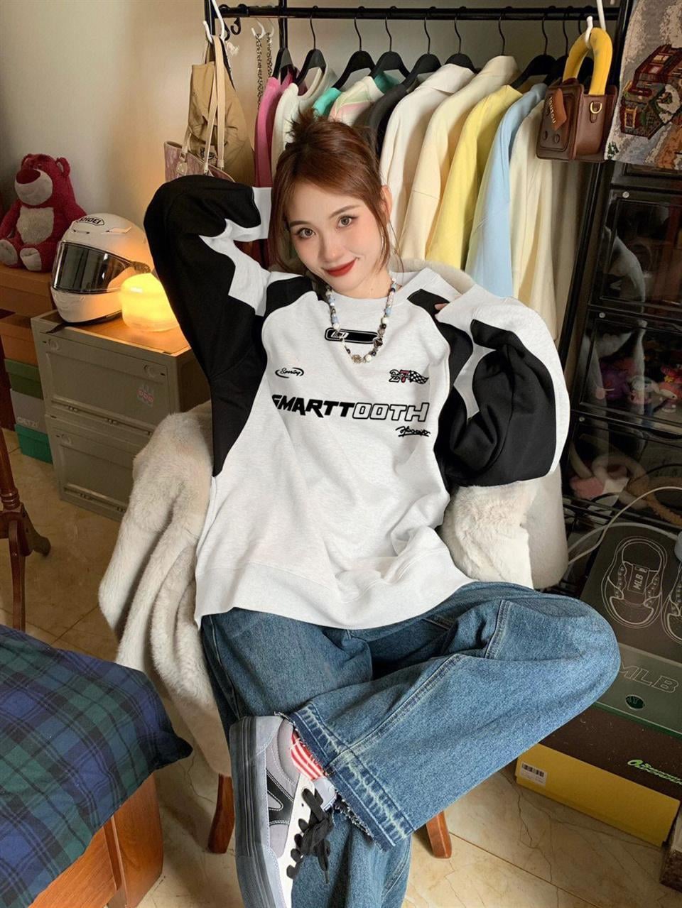 Y2K Streetwear Smarttooth Baskılı Beyaz Unisex Oversize Bisiklet Yaka Sweatshirt