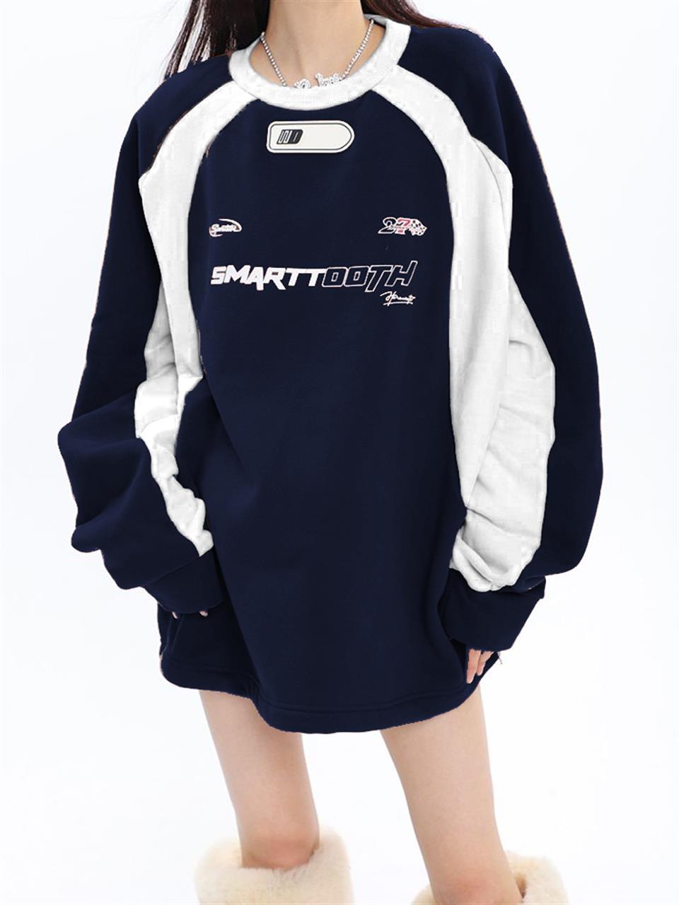 Y2K Streetwear Smarttooth Baskılı Lacivert Unisex Oversize Bisiklet Yaka Sweatshirt