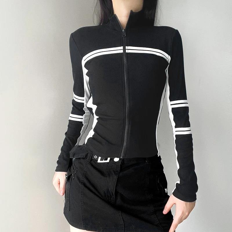 Y2k Trend Fermuarlı Siyah Crop Bluz