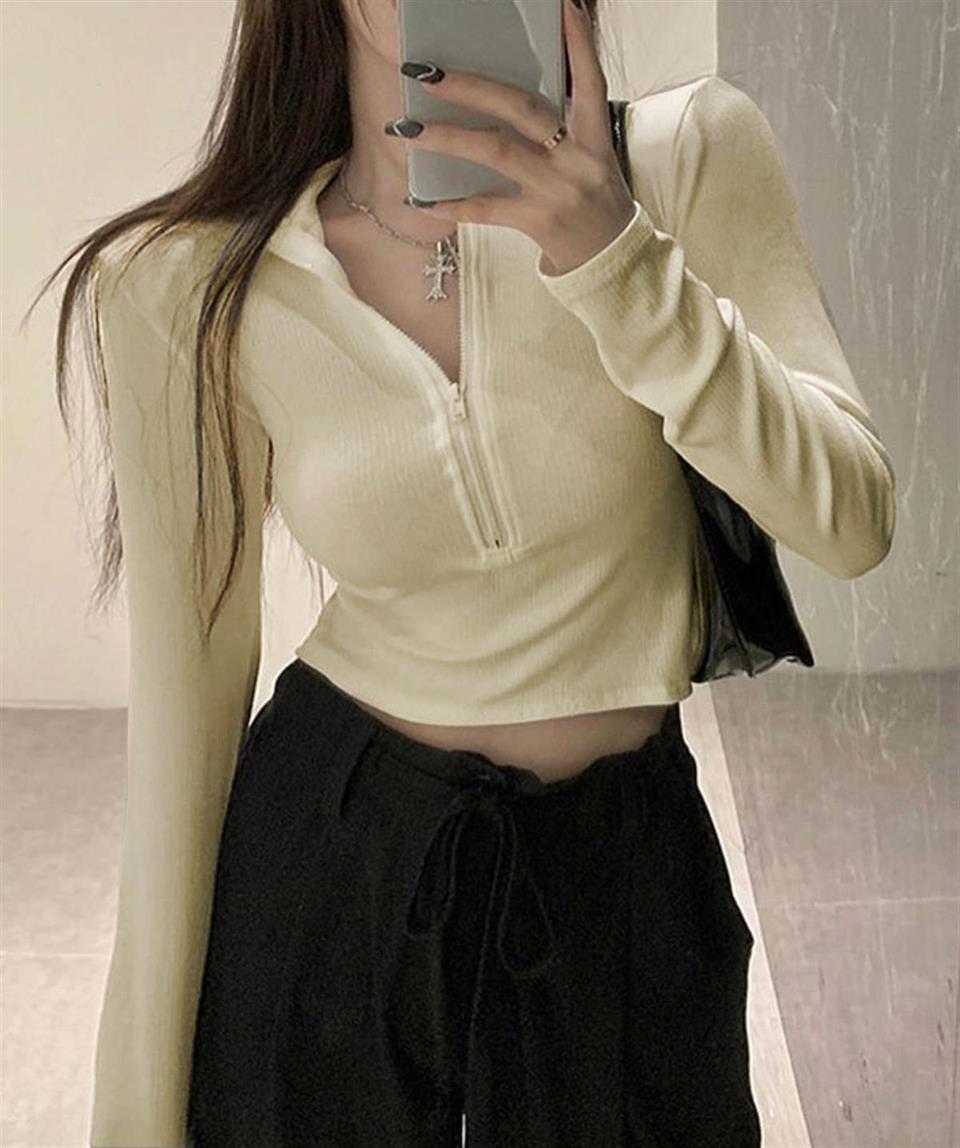Yarım Fermuarlı Krem Kaşkorse Crop