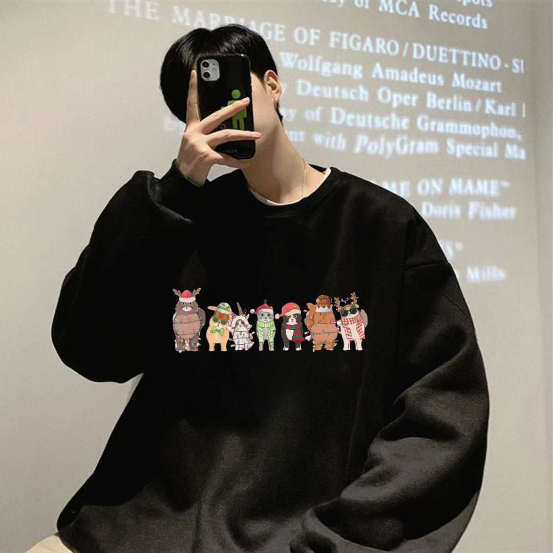 Yeni Yıl Baskılı Siyah Unisex Oversize Bisiklet Yaka Sweatshirt