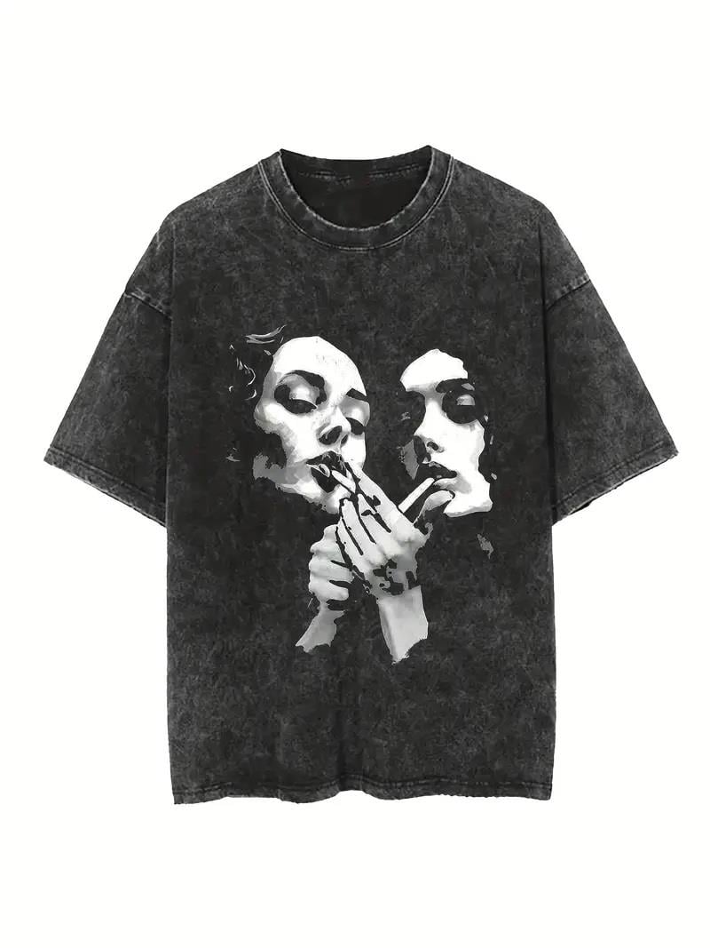 Yıkamalı Distressed Baskılı Unisex Oversize Vintage T-shirt