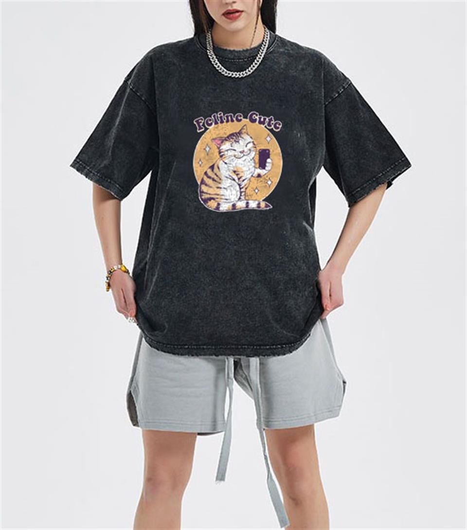 Yıkamalı Feline Cute Eskitme T-shirt
