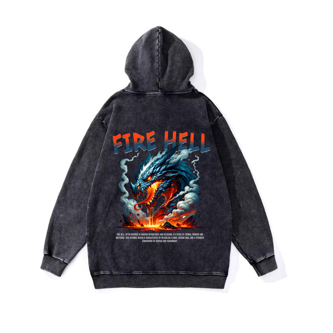 Yıkamalı Fire Hell Vintage Kapüşonlu Sweatshirt