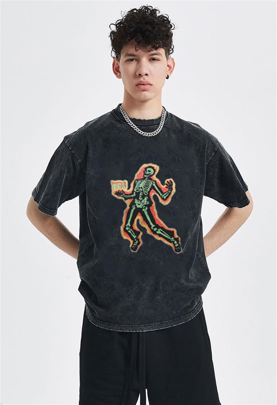 Yıkamalı Flaming Skeleton Baskılı Unisex Oversize Eskitme T-shirt