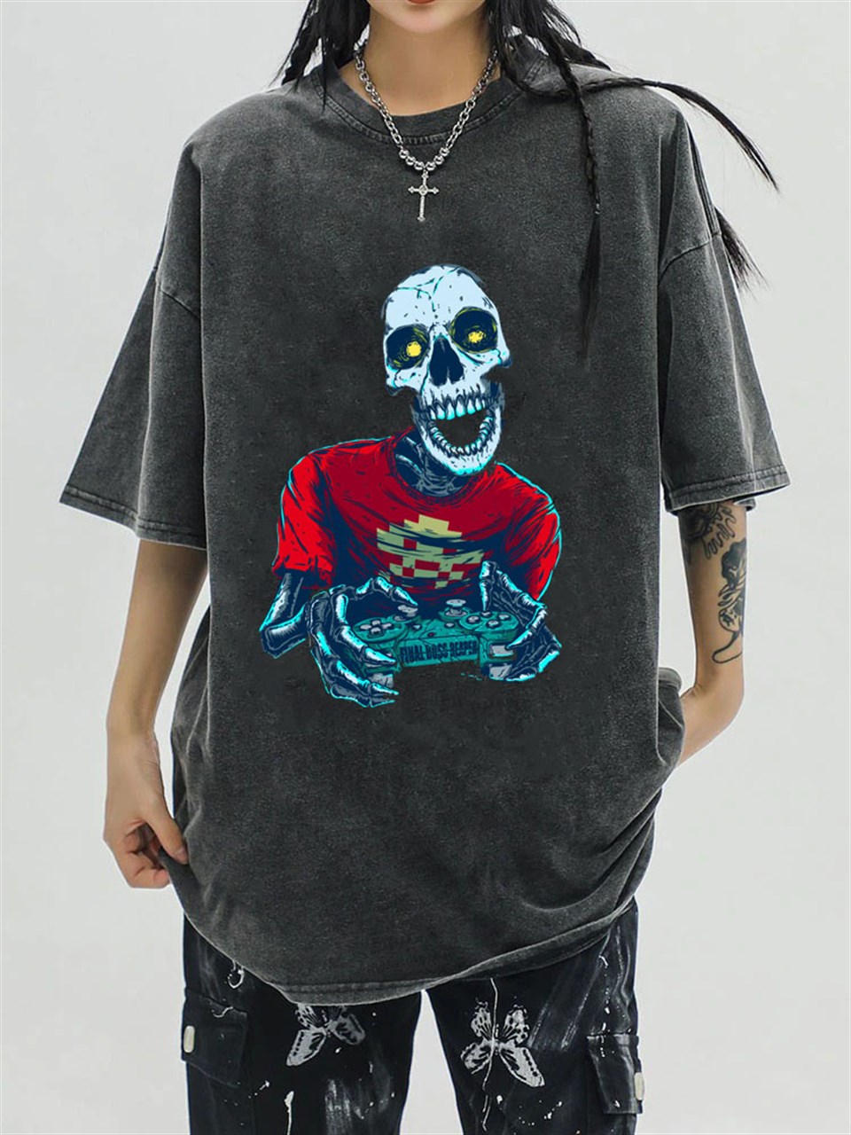 Yıkamalı Gamer Skeleton Unisex Eskitme T-shirt