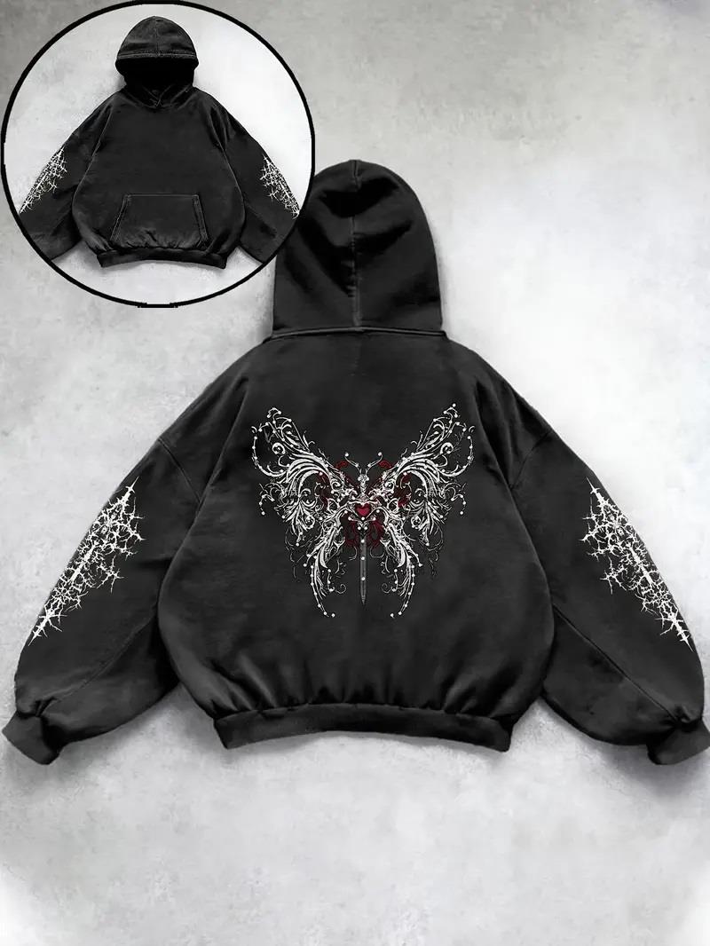 Yıkamalı Gothic Butterfly Baskılı Vintage Kapüşonlu Sweatshirt