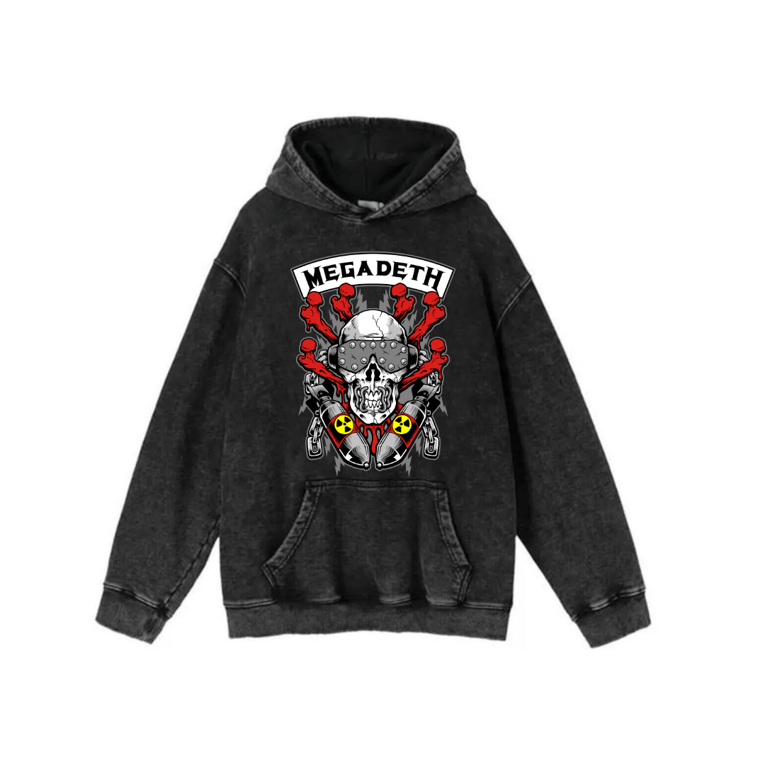 Yıkamalı Kumaş Rock Serisi Megadeth Kapüşonlu Hoodie Sweatshirt