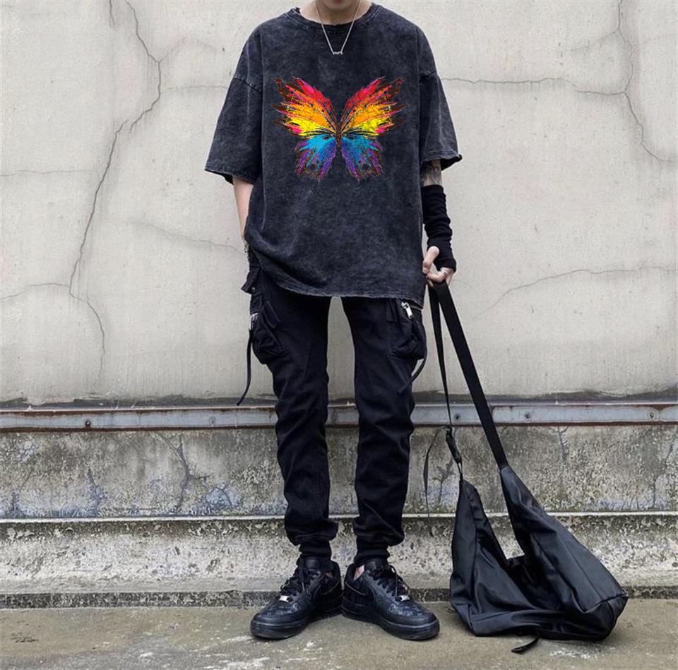 Yıkamalı Rainbow Butterfly Unisex Eskitme T-shirt