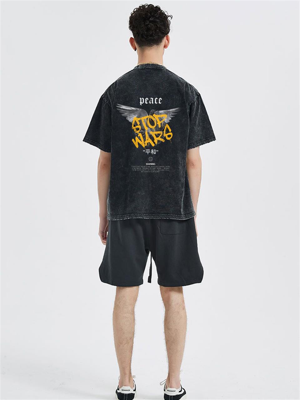 Yıkamalı Sırt Baslılı Peace Unisex Eskitme T-shirt