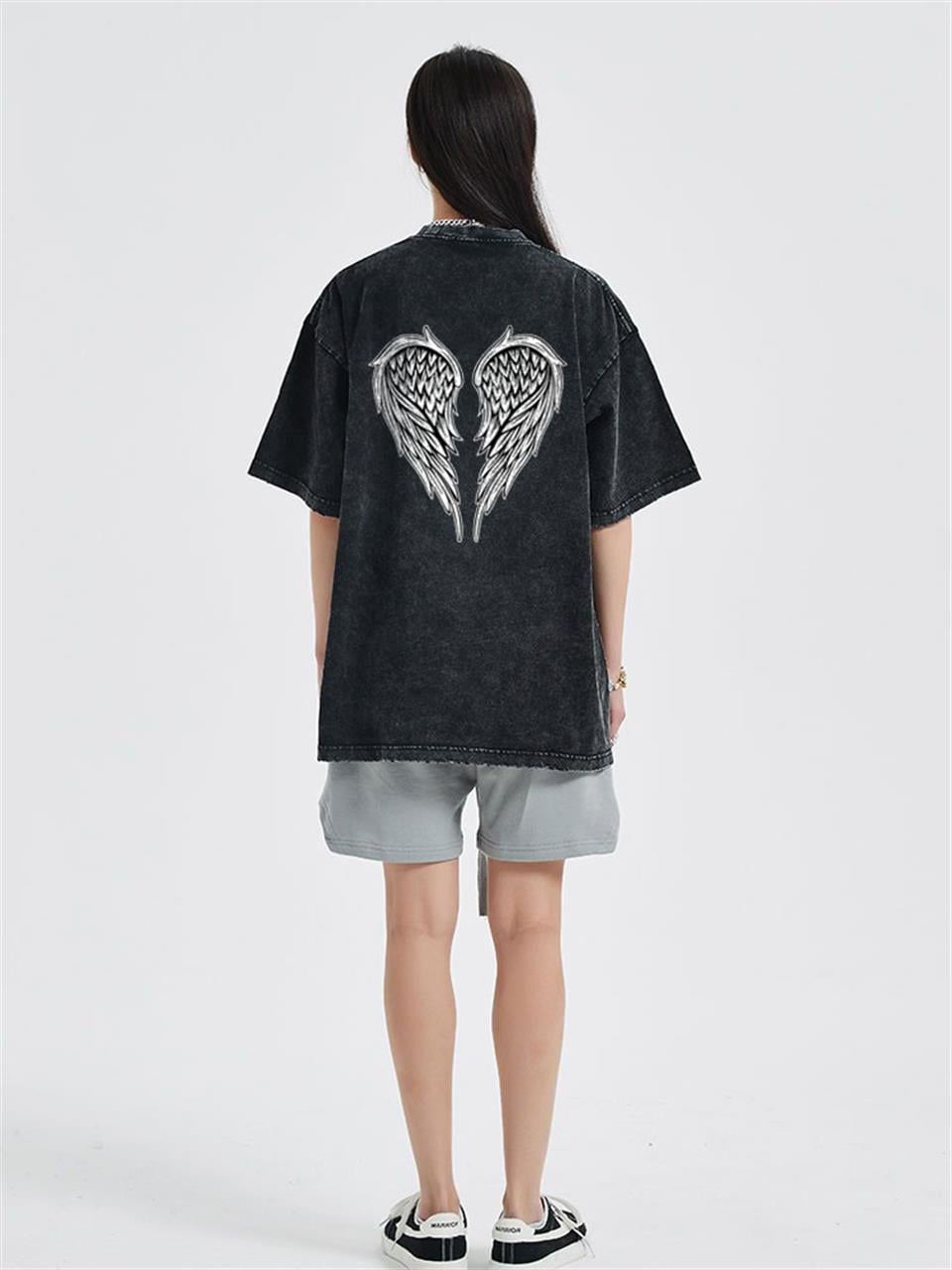 Yıkamalı Sırt Baslılı Wing Skeleton Unisex Eskitme T-shirt