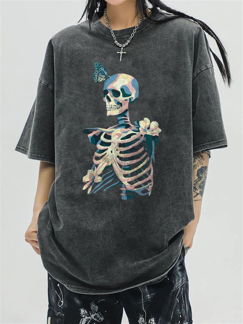 Yıkamalı Skull Butterfly Unisex Eskitme T-shirt