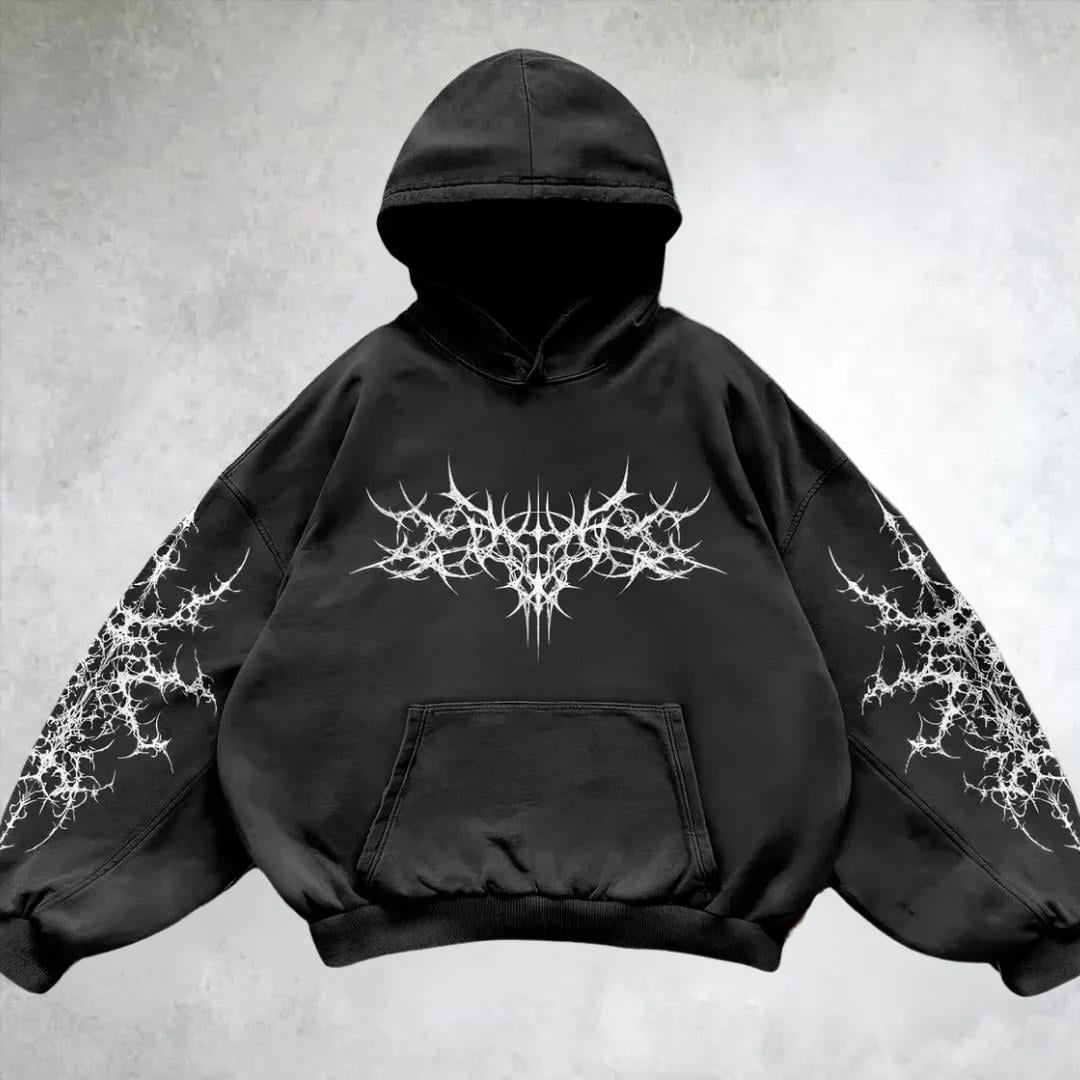 Yıkamalı White Gothic Vintage Kapüşonlu Sweatshirt