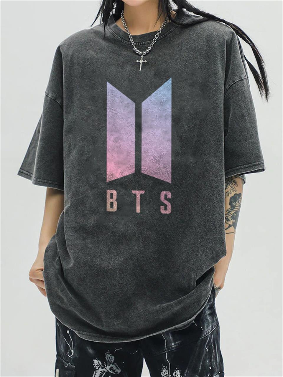 Yıkmalı BTS Logo Unisex Eskitme T-shirt